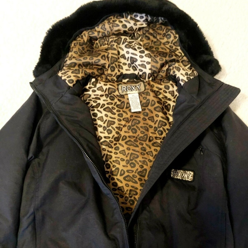 ROXY Cheetah Leopard Animal Print Faux Fur Hooded Snow Ski Snowboard Jacket Coat